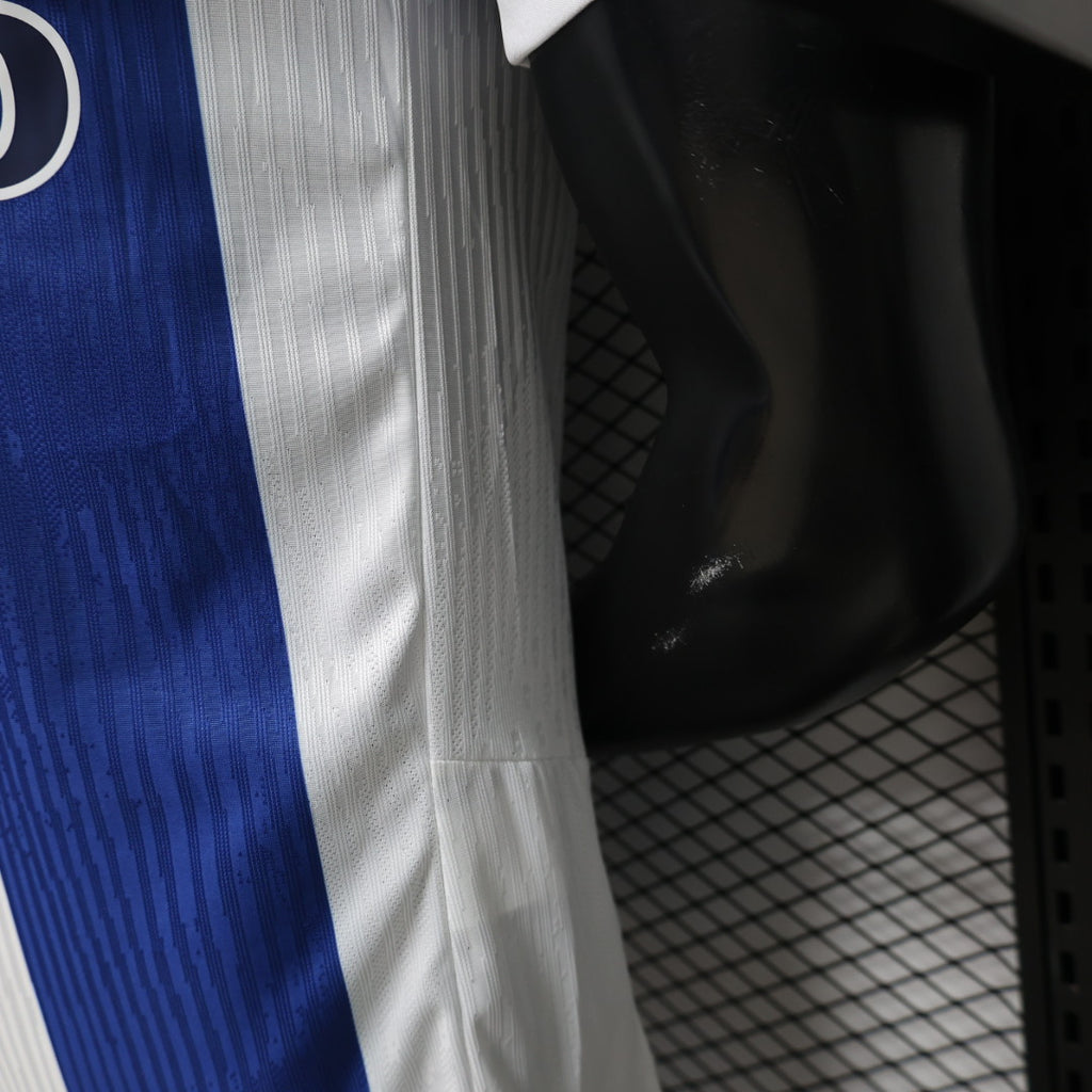 Blue-and-white football jersey sleeve and side panel with vertical stripe design