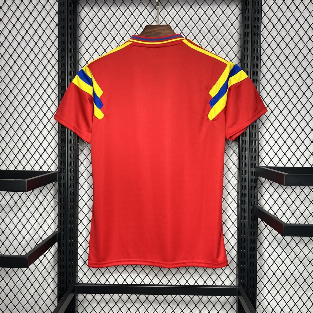 Red Colombia retro away soccer jersey back with yellow/blue shoulder stripes and V-neck trim
