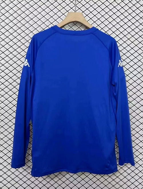 Blue long-sleeve football jersey back view with Kappa logos on sleeves