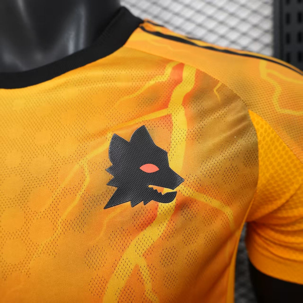 Orange football jersey front graphic of club crest and heat map dots