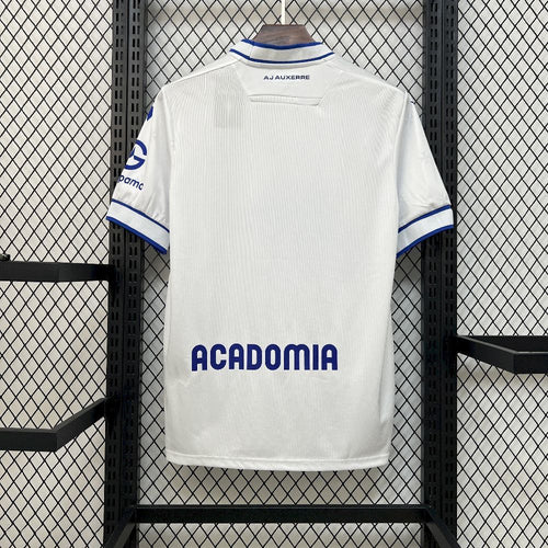 White home football jersey back view with blue collar trim and ACADOMIA print