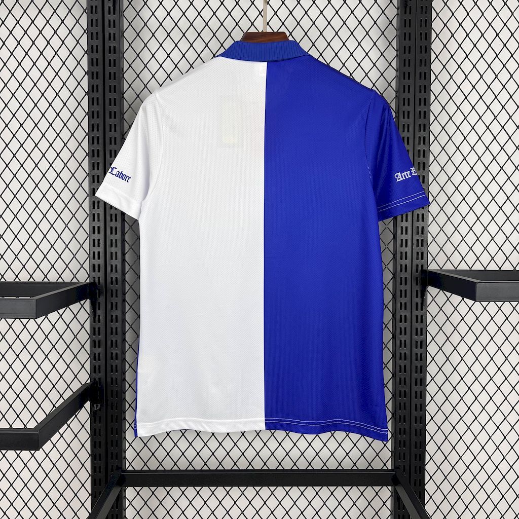 Retro home football shirt back view with blue and white vertical panel design and short sleeves