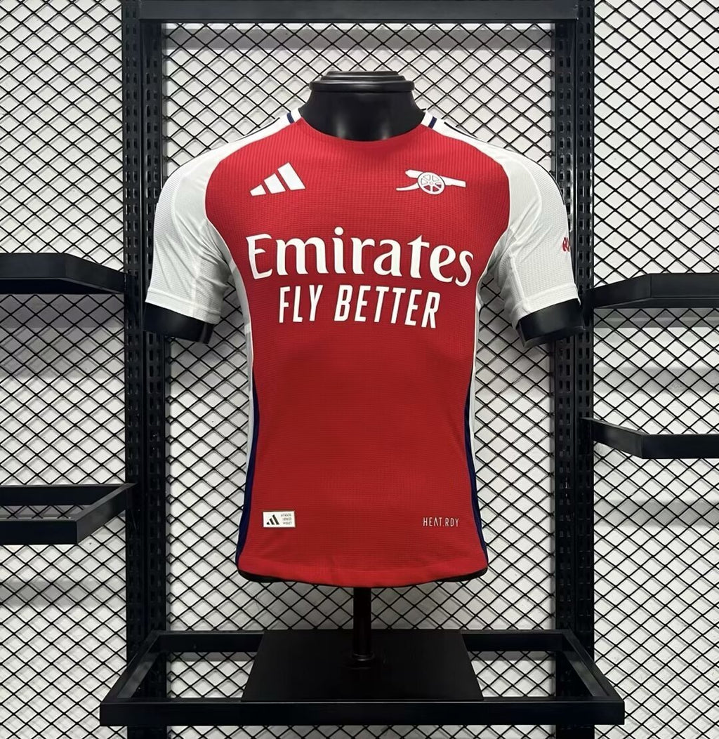 Arsenal 2024/25 home soccer jersey, red body with white sleeves and Emirates sponsor