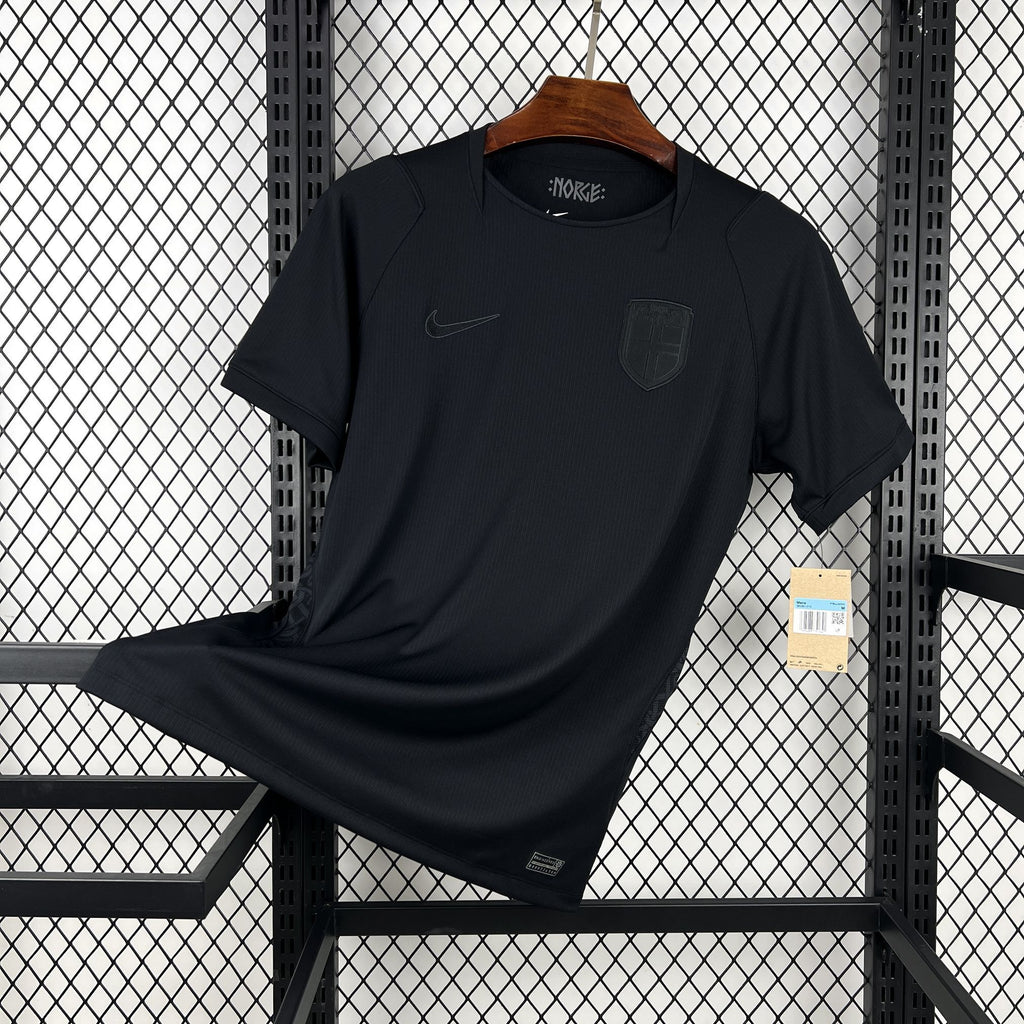 Norway away fan soccer jersey in dark navy, with Nike swoosh and shield logo on chest