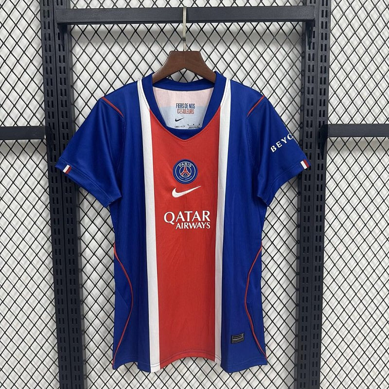 Paris Saint-Germain women's home jersey, blue with red center stripe, QATAR AIRWAYS