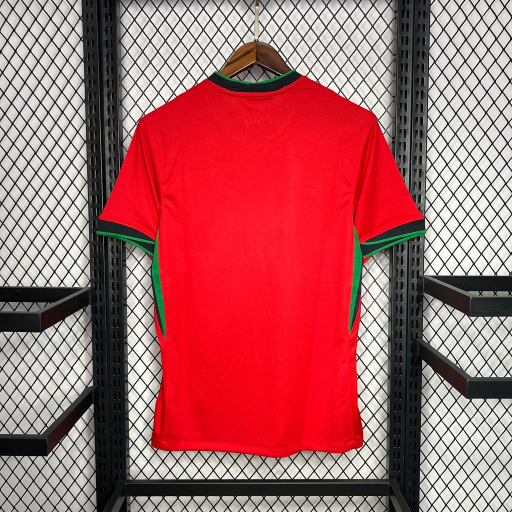 Red Portugal home football jersey back view with green-trim collar and sleeves