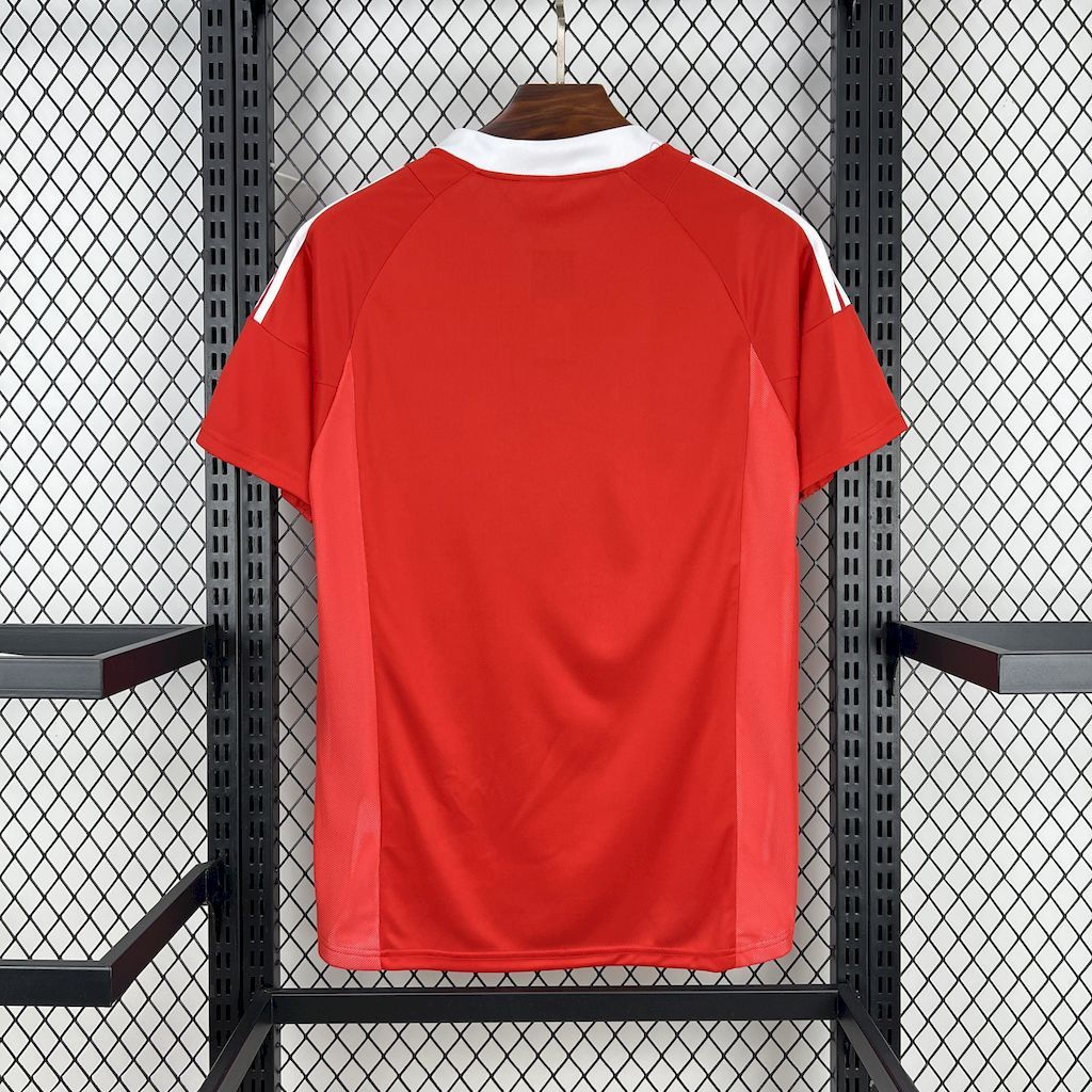 Red soccer jersey back view with white crew collar and side paneling