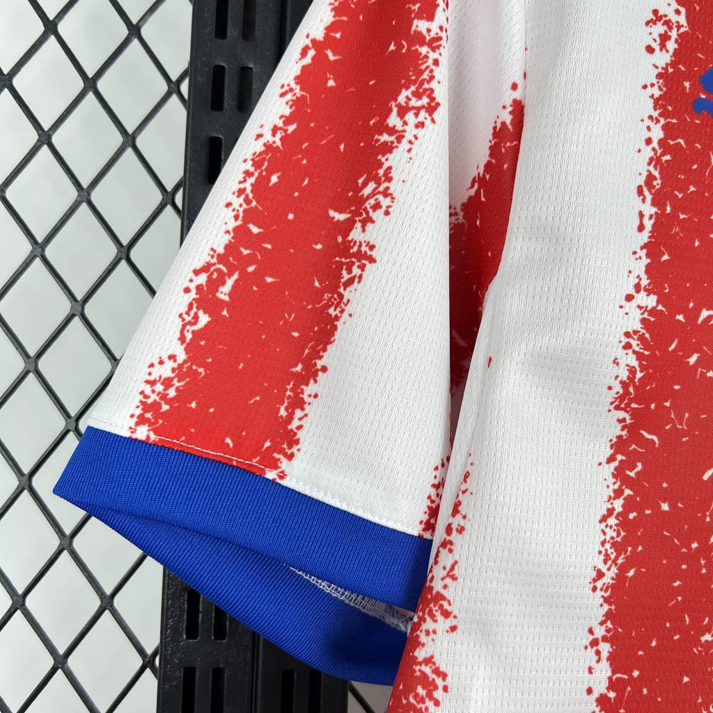 Paraguay home fan jersey sleeve close-up with red speckled vertical stripe and blue cuff
