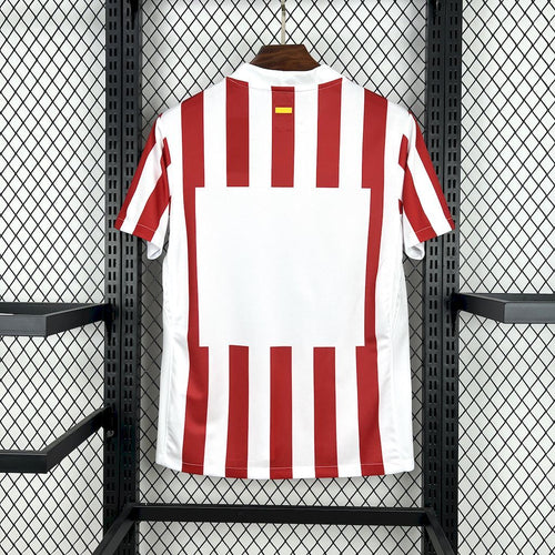 Atletico Madrid home soccer jersey, red and white vertical stripe back view