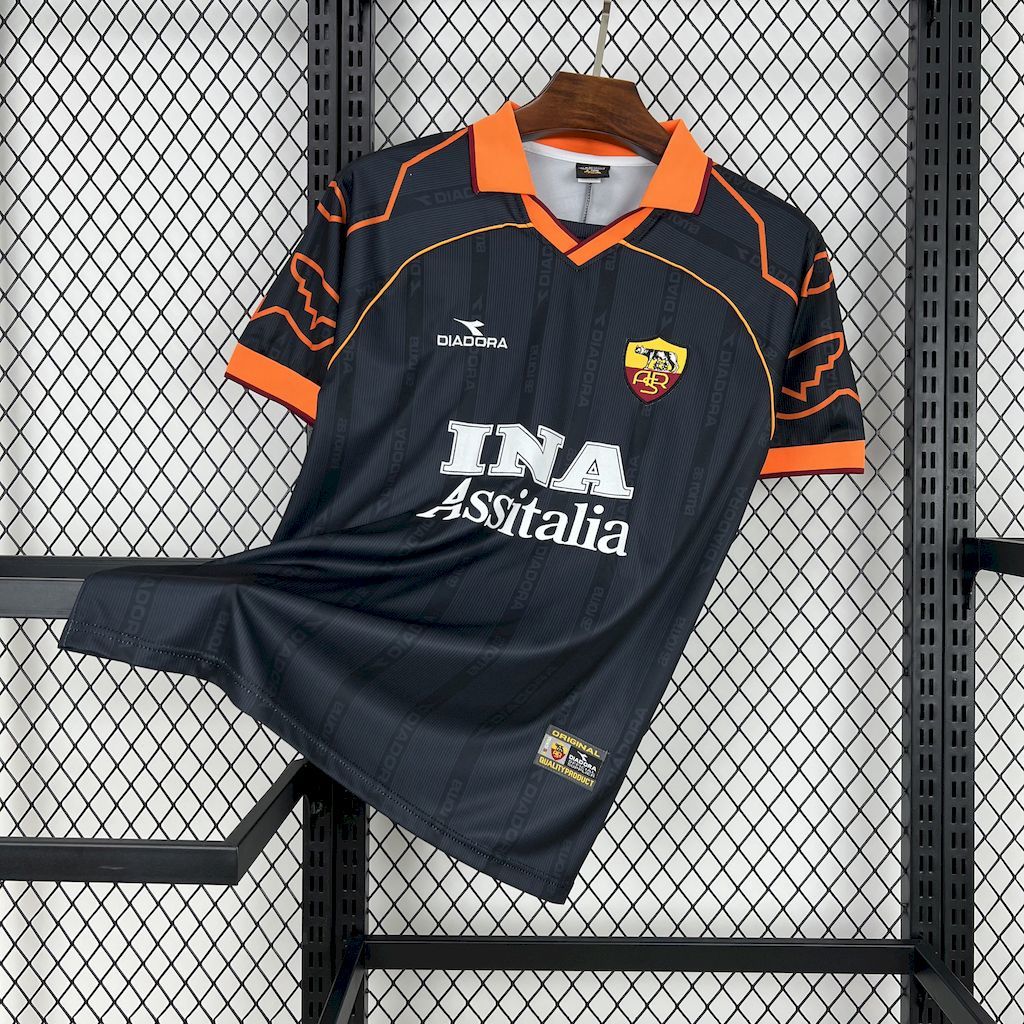 Retro football jersey, dark navy with orange trim and short sleeves