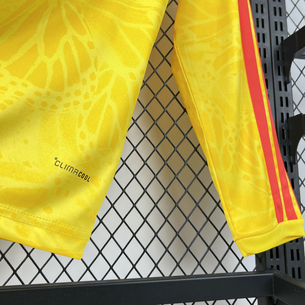 Yellow long sleeves with blue cuffs, red side stripe, and 'climacool' logo.