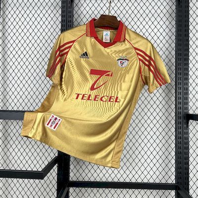 Yellow Benfica retro away soccer jersey with red trim, Adidas logo and Telecel sponsor