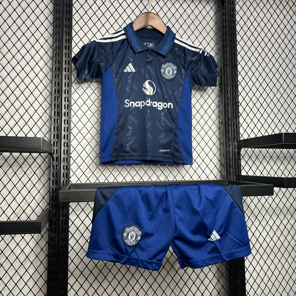 Manchester United kid away jersey and shorts set, navy with light blue side panels
