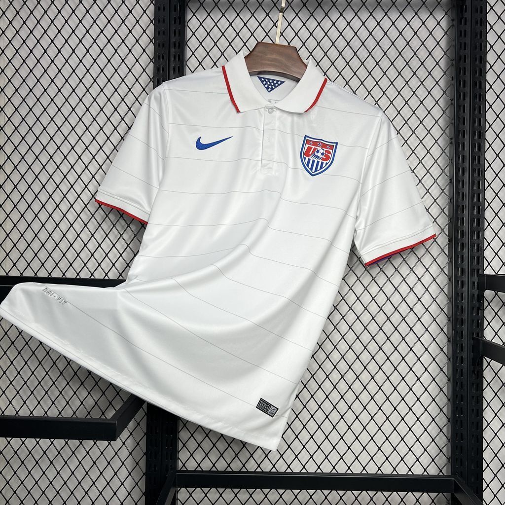 White soccer jersey with red trim, Nike swoosh, and US crest on chest