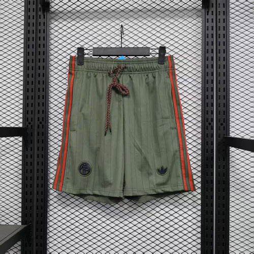Dark green casual shorts with elastic waist, braided drawcord, and side red stripes