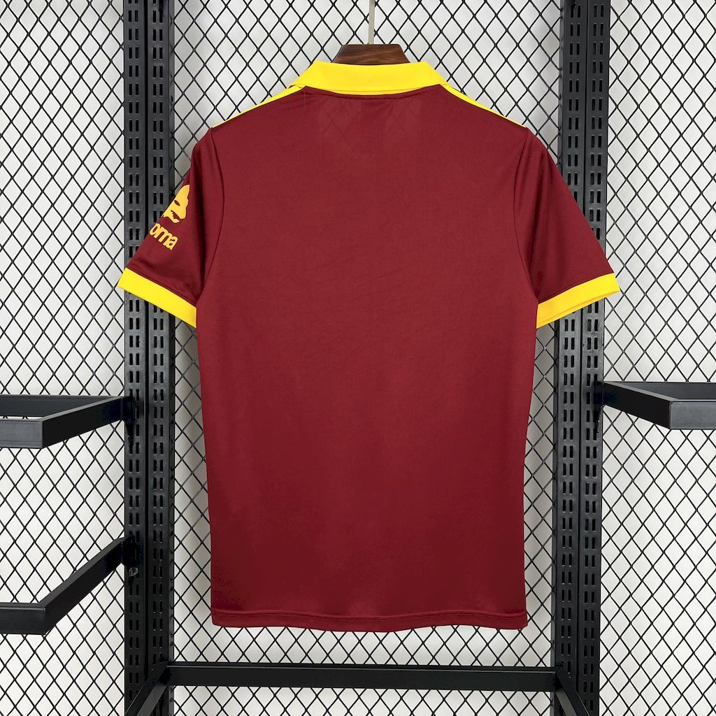 Maroon Roma football jersey back with yellow collar trim