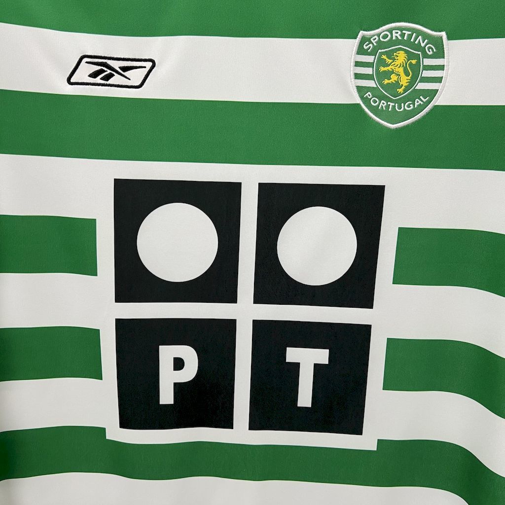 Green-and-white striped jersey front with Sporting crest and 'PT' sponsor design