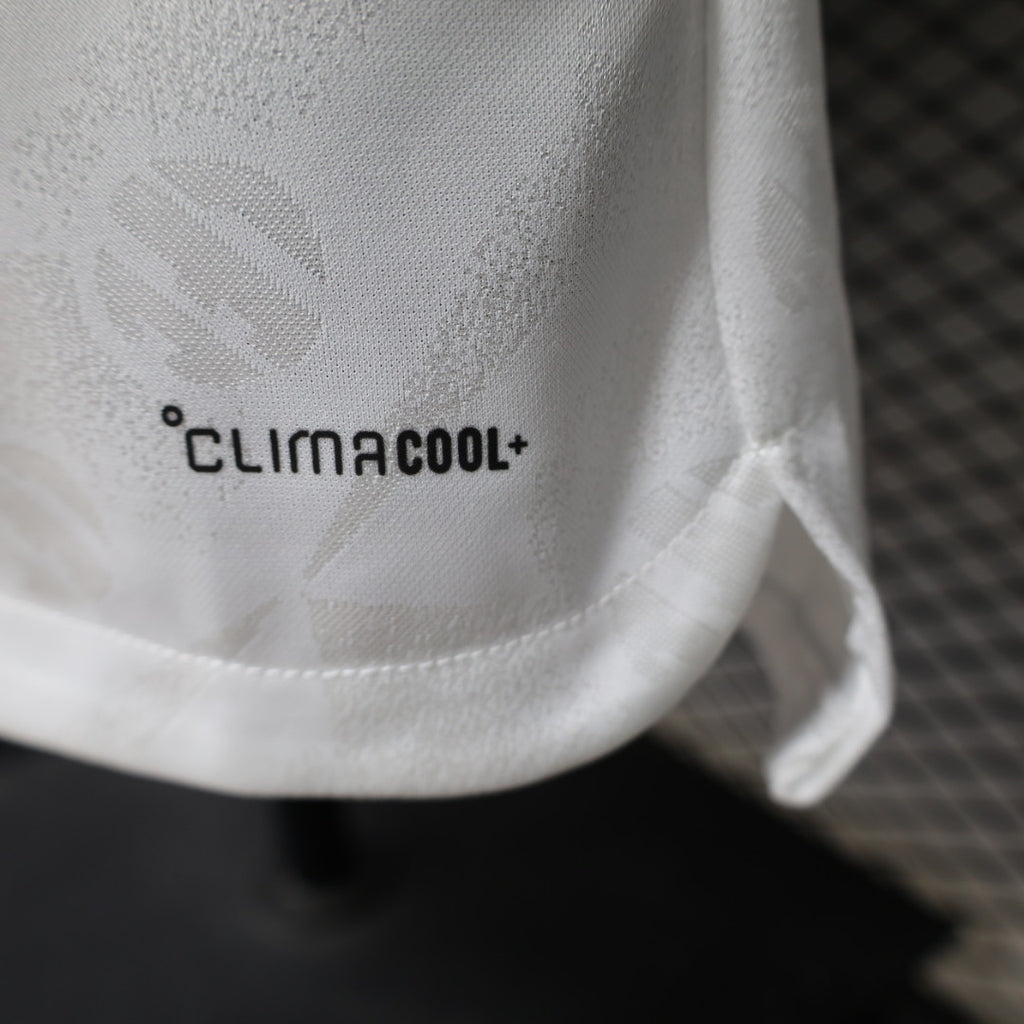 Jersey fabric with "climacool" logo on white material