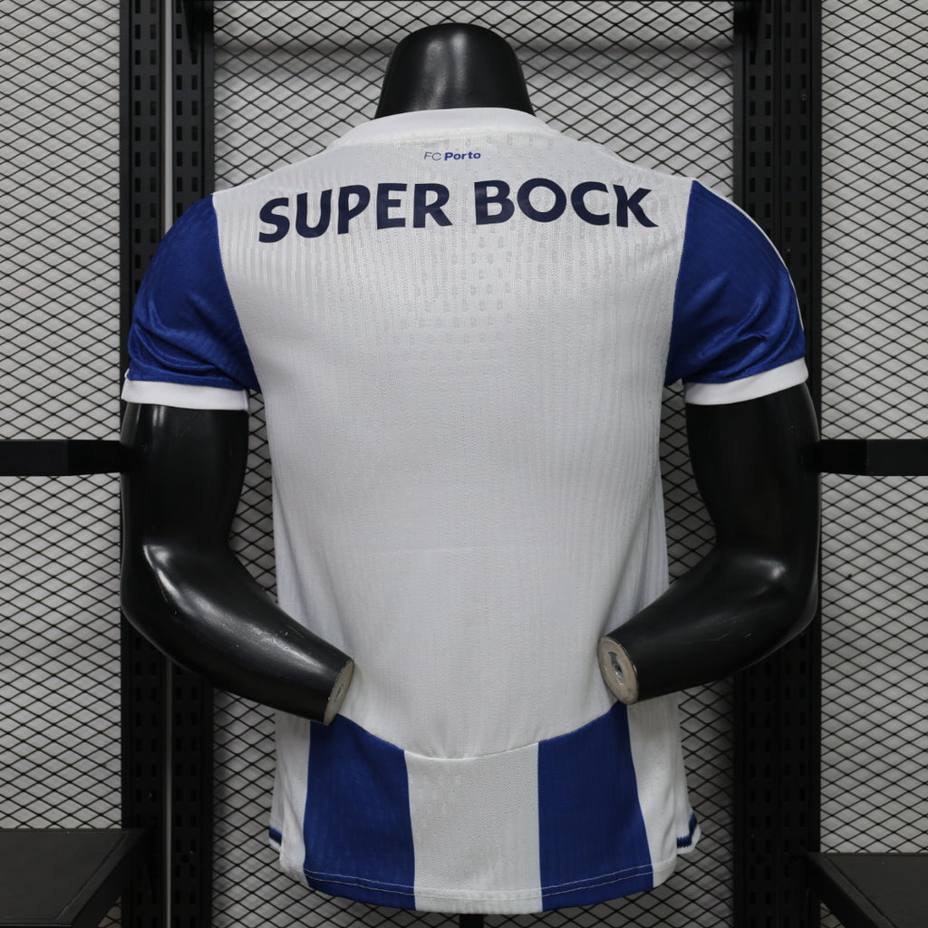 Football jersey back view with “SUPER BOCK” and blue-and-white vertical stripe design