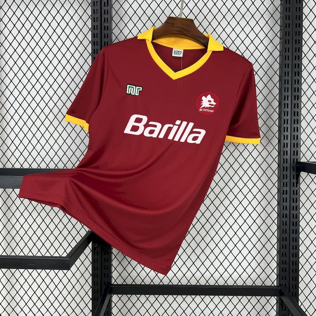 Men's maroon football jersey with yellow trim, Barilla sponsor, Roma crest