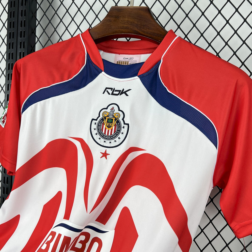 Retro soccer jersey front with Chivas crest, Bimbo sponsor, red-and-white stripes