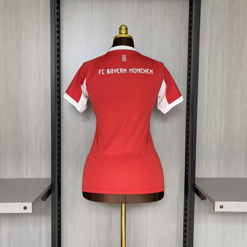 Bayern Munich women's fit home jersey, red with white sleeve cuffs, back view