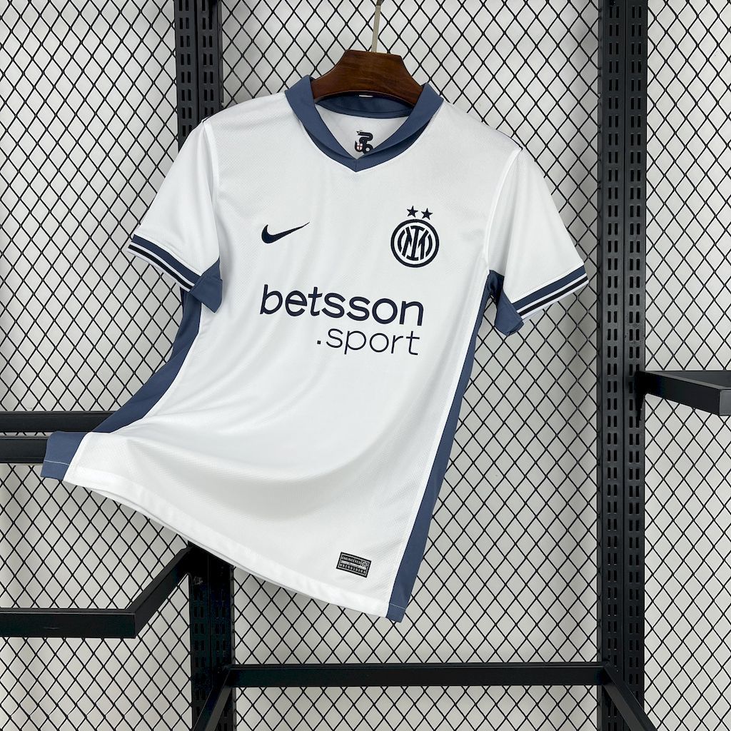 White Inter Milan away fan jersey with blue-trim V-neck and Nike logo
