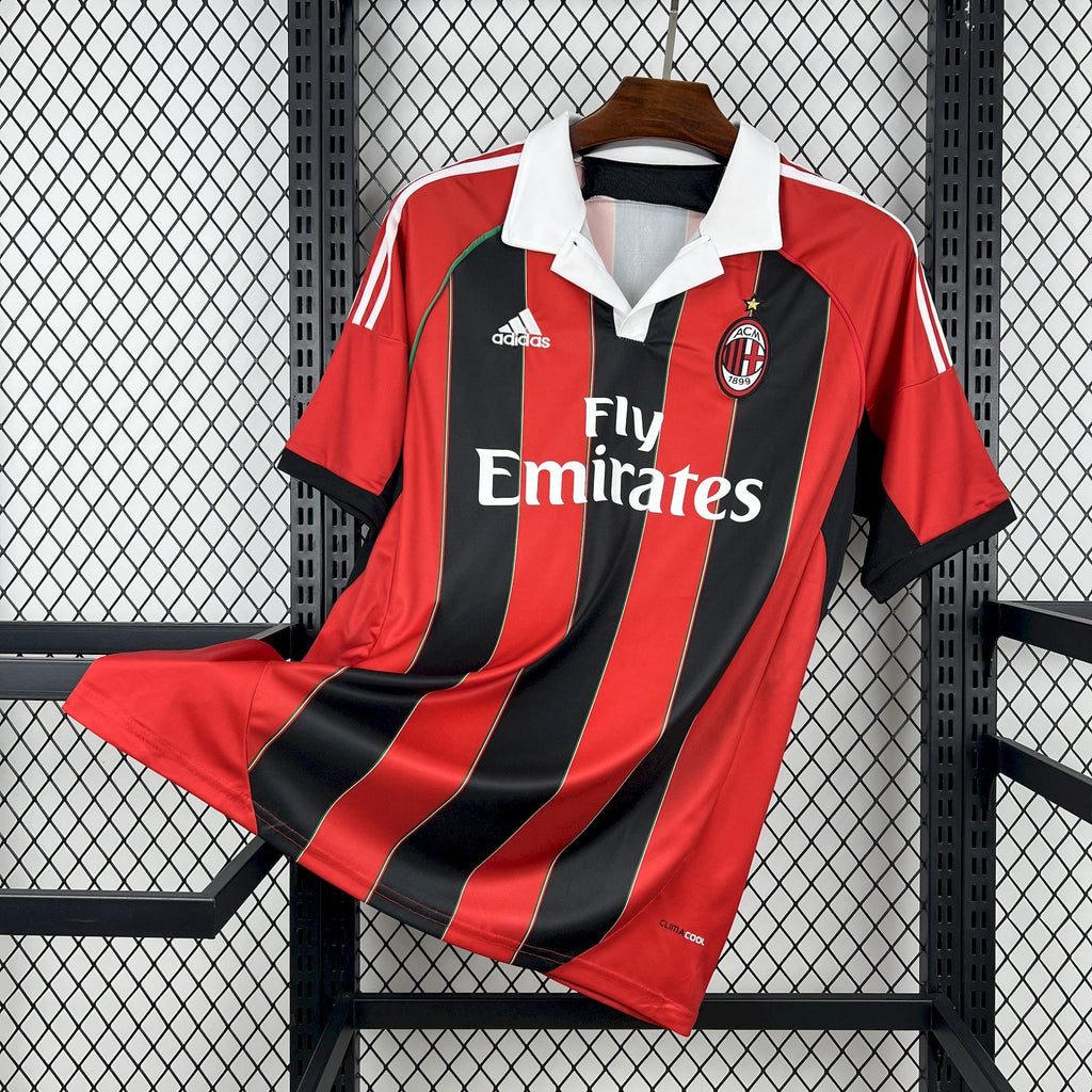 AC Milan retro home soccer jersey, red and black vertical stripes, white collar