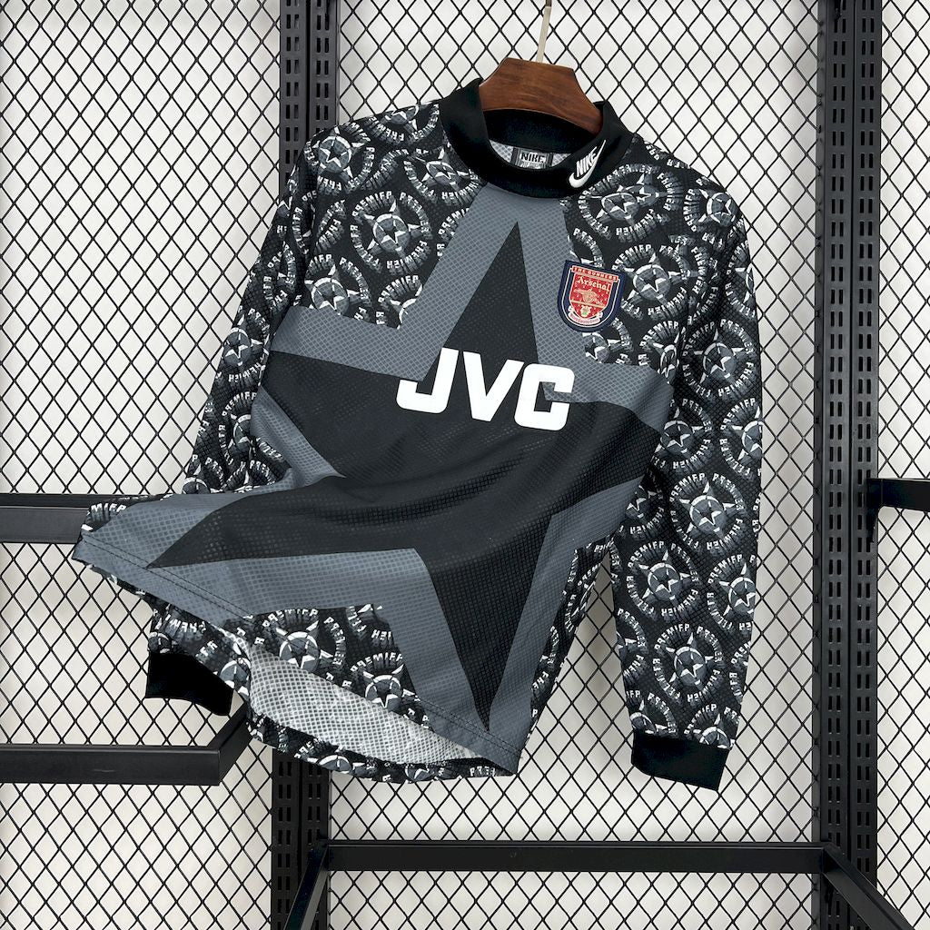 Black goalkeeper jersey with long sleeves, geometric fan pattern and JVC logo
