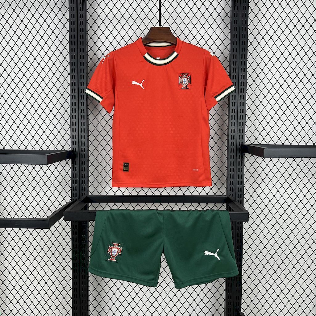 Red kids soccer jersey with striped collar, Puma logo, and Portugal crest