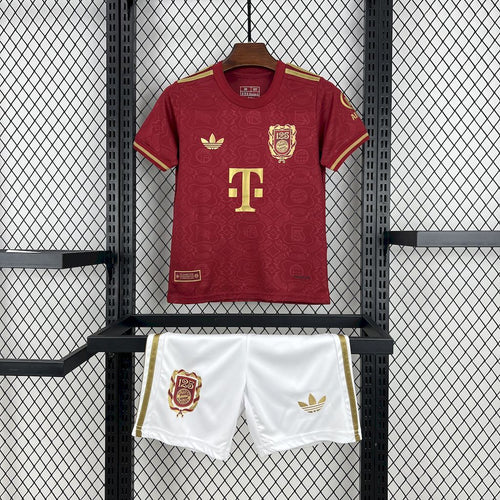 Kids Bayern Munich maroon anniversary jersey and white shorts set with gold accents