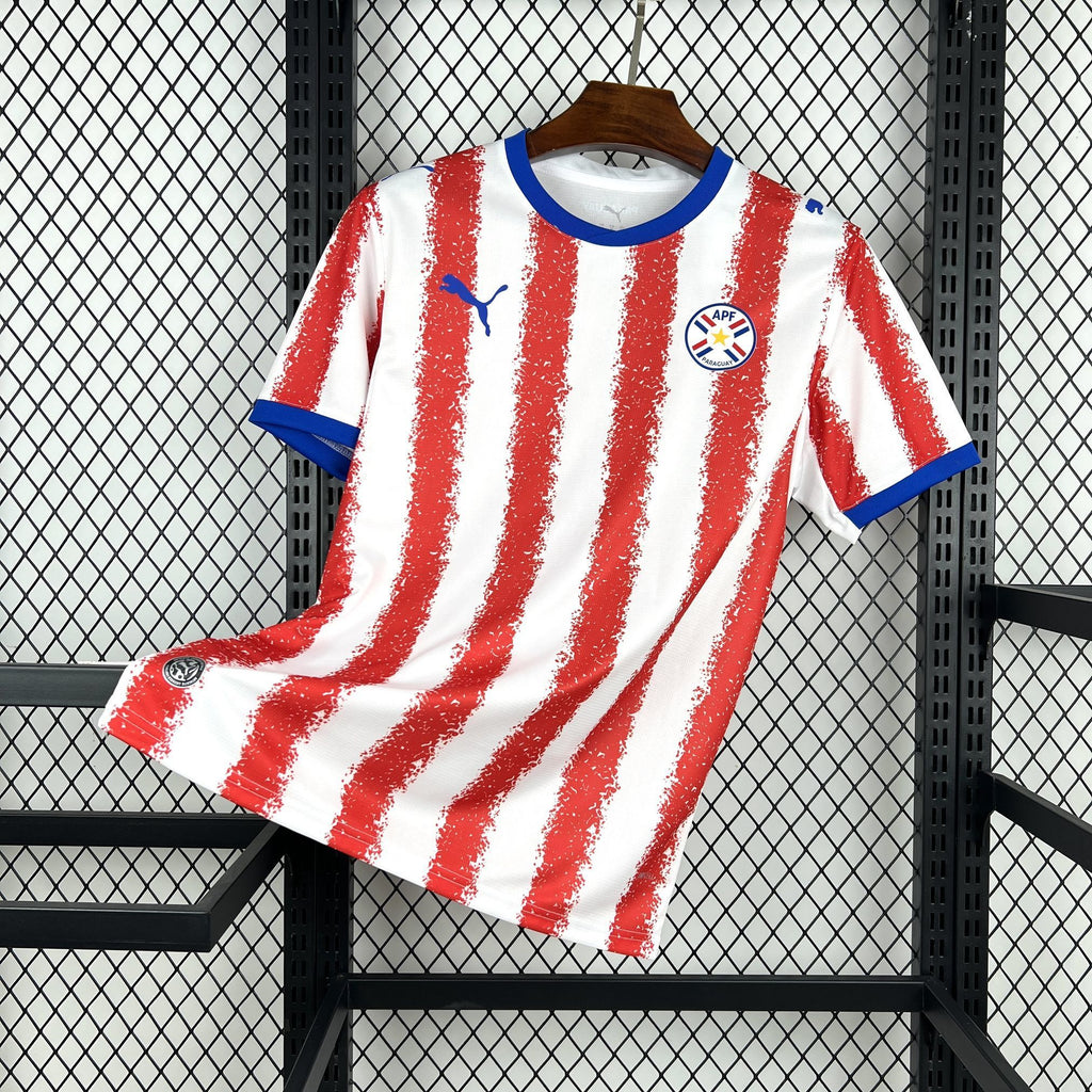 Paraguay home fan soccer jersey, white with red vertical stripes and blue trim