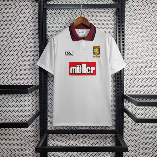 White Aston Villa retro third football shirt with burgundy collar and crest, front sponsor