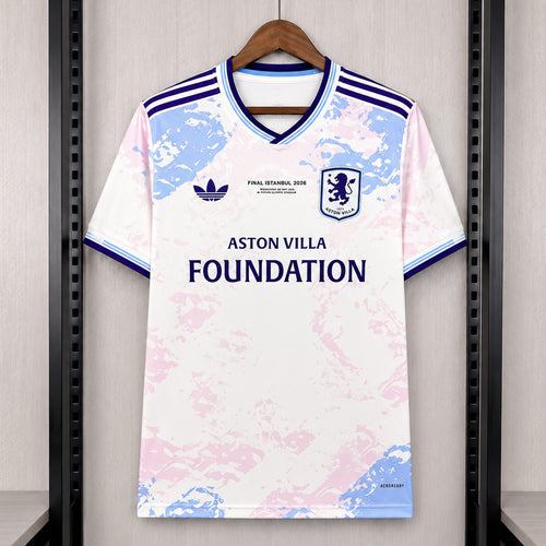 Aston Villa fan jersey, white with blue and pink graphic, crest and sponsor logo on front
