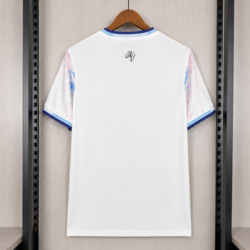 Aston Villa fan jersey back, plain white with blue trim and small emblem at upper back