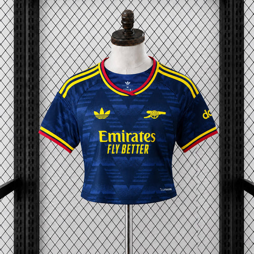 Women’s cropped Arsenal away football jersey, dark blue with yellow and red trim