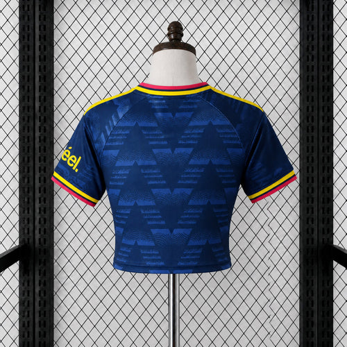 Women’s cropped Arsenal away football jersey back view, dark blue with yellow and red trim