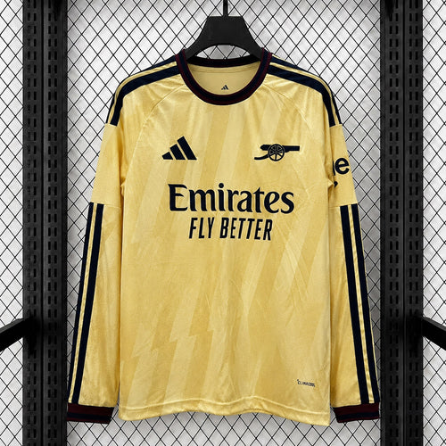 Arsenal 2026/27 third long-sleeve fan jersey, yellow with navy trim and Emirates print