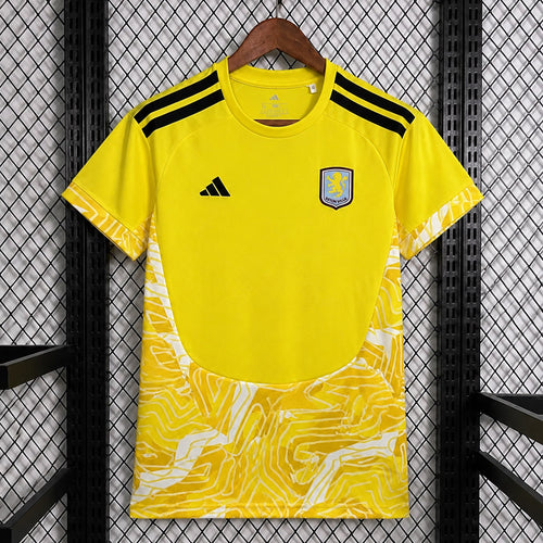 Aston Villa yellow goalkeeper fan jersey with black shoulder stripes and club crest