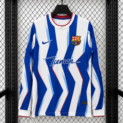 Barcelona long-sleeve fan jersey, blue and white chevron stripes, Nike swoosh and crest