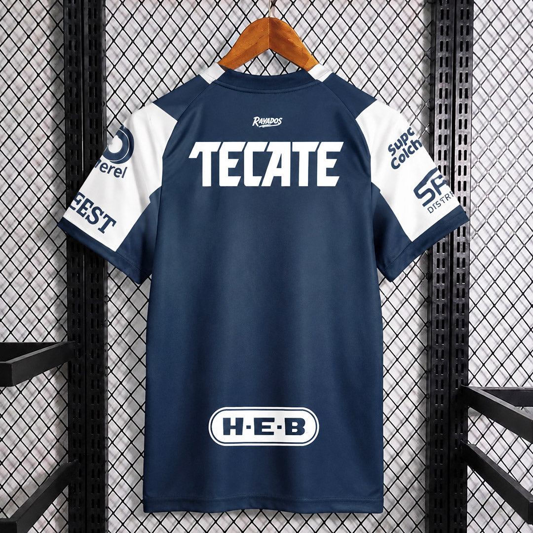 Dark navy football jersey with large TECATE logo and HEB badge, short sleeves