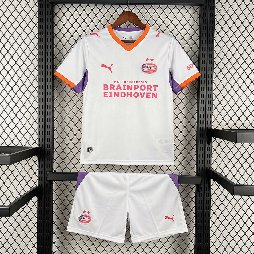 Kids away football kit: white jersey with purple sleeves, orange trim, PSV crest, matching shorts