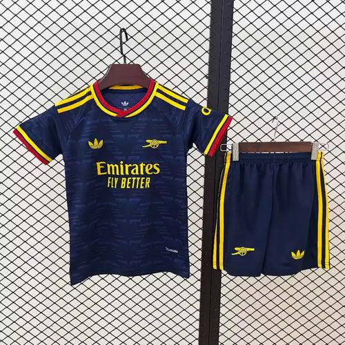 Kids navy away football shirt and shorts set with yellow trim and Emirates logo