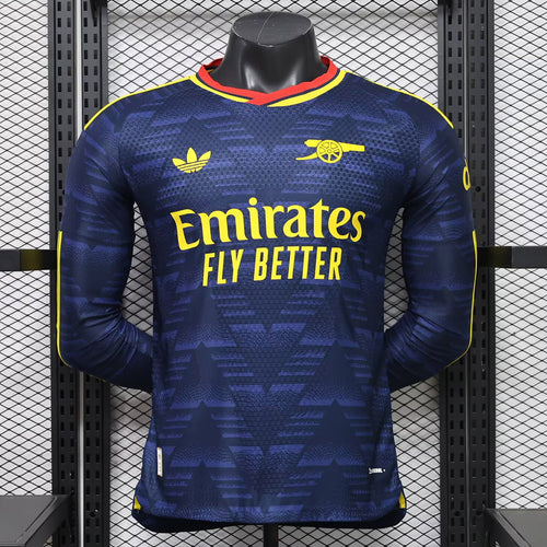 Dark blue Arsenal away long-sleeve football shirt with Emirates sponsor and yellow trim