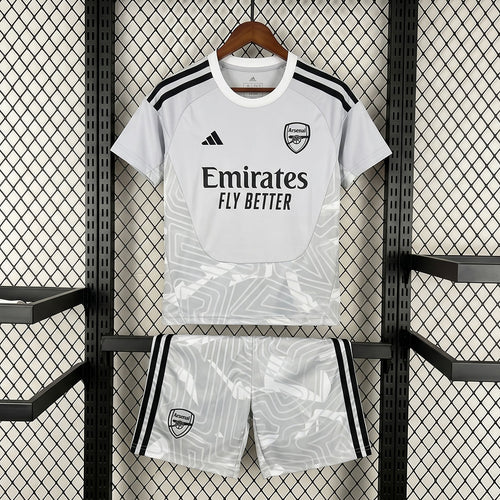Kids' goalkeeper football kit, white jersey with black trim and grey graphic shorts