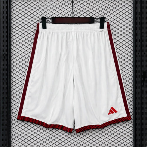 White fan shorts with red side stripes and red adidas logo, elastic waistband