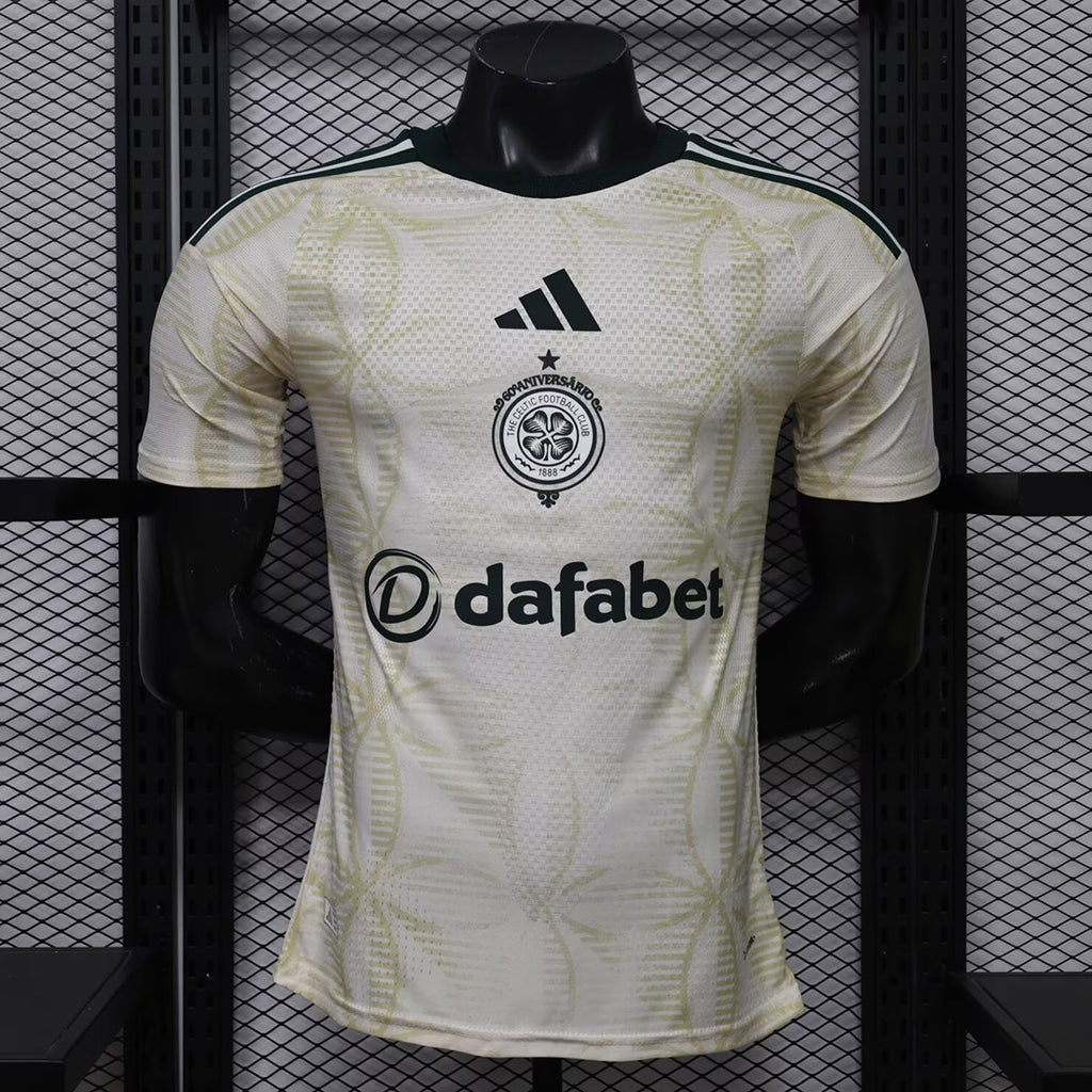 Light yellow Celtic FC third football jersey with black dafaBet sponsor