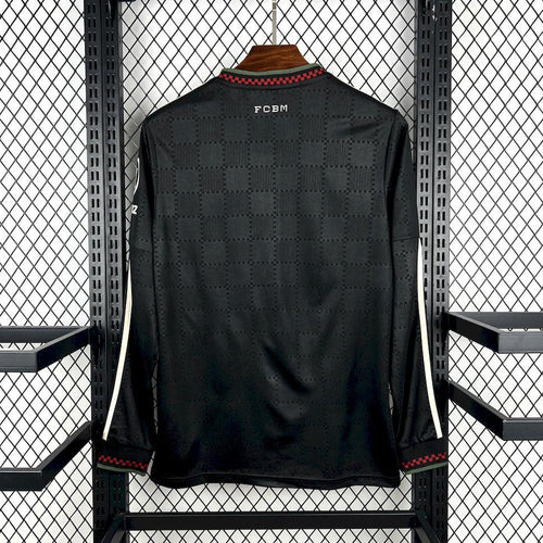 Black long-sleeve football jersey back with subtle pattern and red-trim neckline