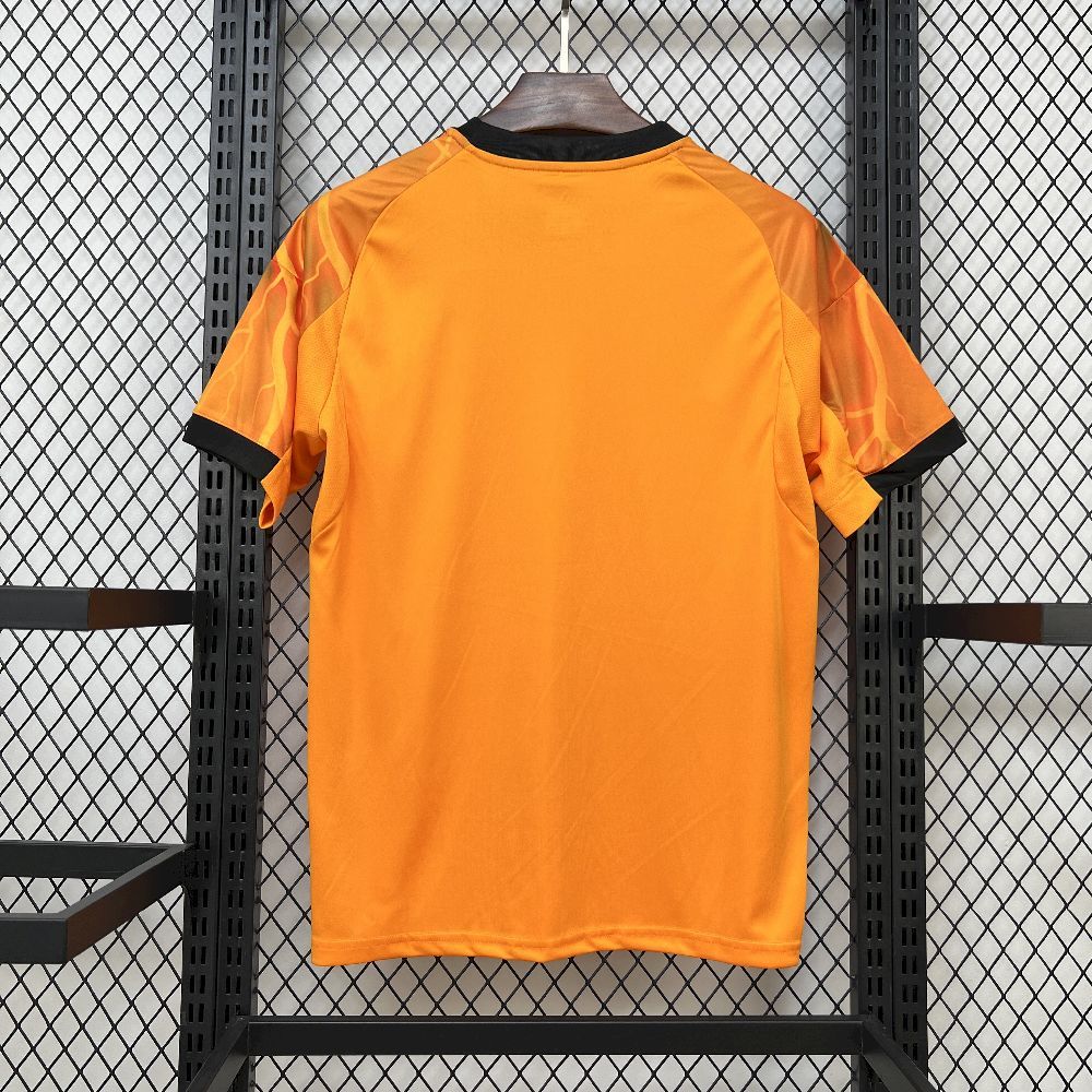 Orange soccer jersey back view with black crew collar and short sleeves