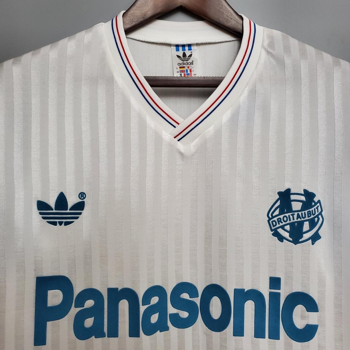 Home soccer jersey, white with blue Panasonic sponsor and adidas crest, front view